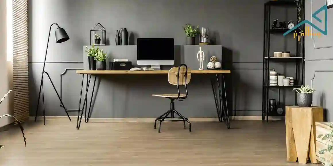 نمونه دکوراسیون دفتر کار با میز چوبی و پوشش کف روشن